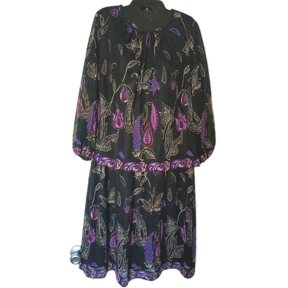 Vintage 80s Dress Rich Lady Secretary  Size 16 Floral Paisley Blouson Chiffon - Picture 1 of 9